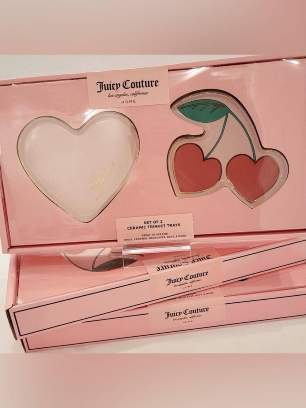 Juicy Couture Pink Cherry & Heart Ceramic Trinket Trays